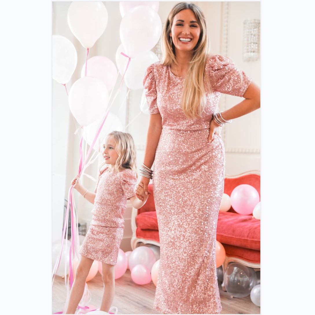 Family Matching British Bubble Sleeve Sequin Buttock Wrapped Parent-child Dress