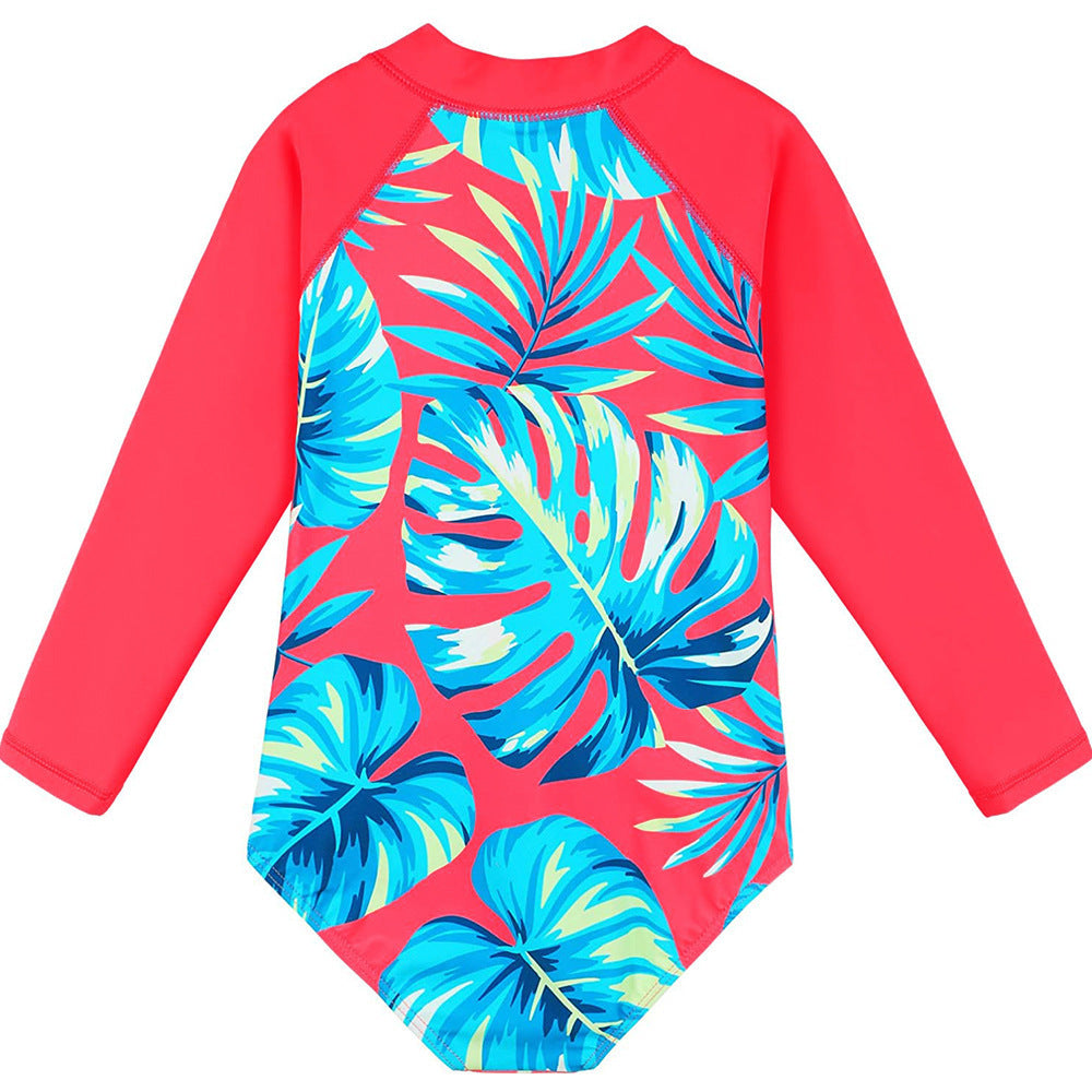 Kid Girls Middle Sunscreen Swimsuit Long-sleeved One-piece Swimwear