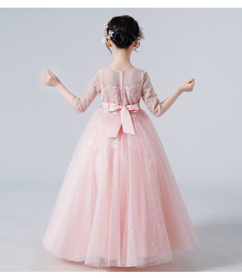 Kid Girls Gauze Sleeve Sequined Fluffy  Flower Sweet Princess Show Dresses