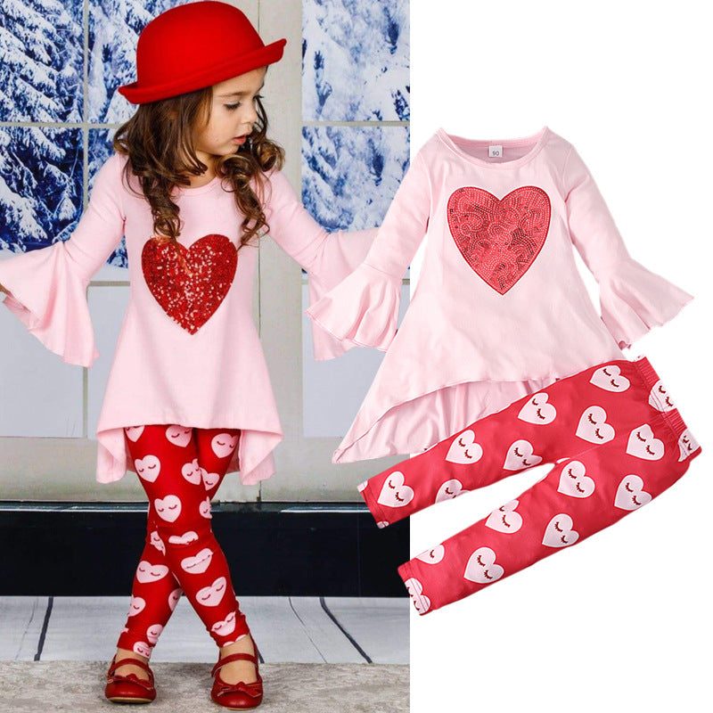 Toddler Baby Girls Valentine's Day Love Pink Trumpet Sleeve 2 Pcs Sets