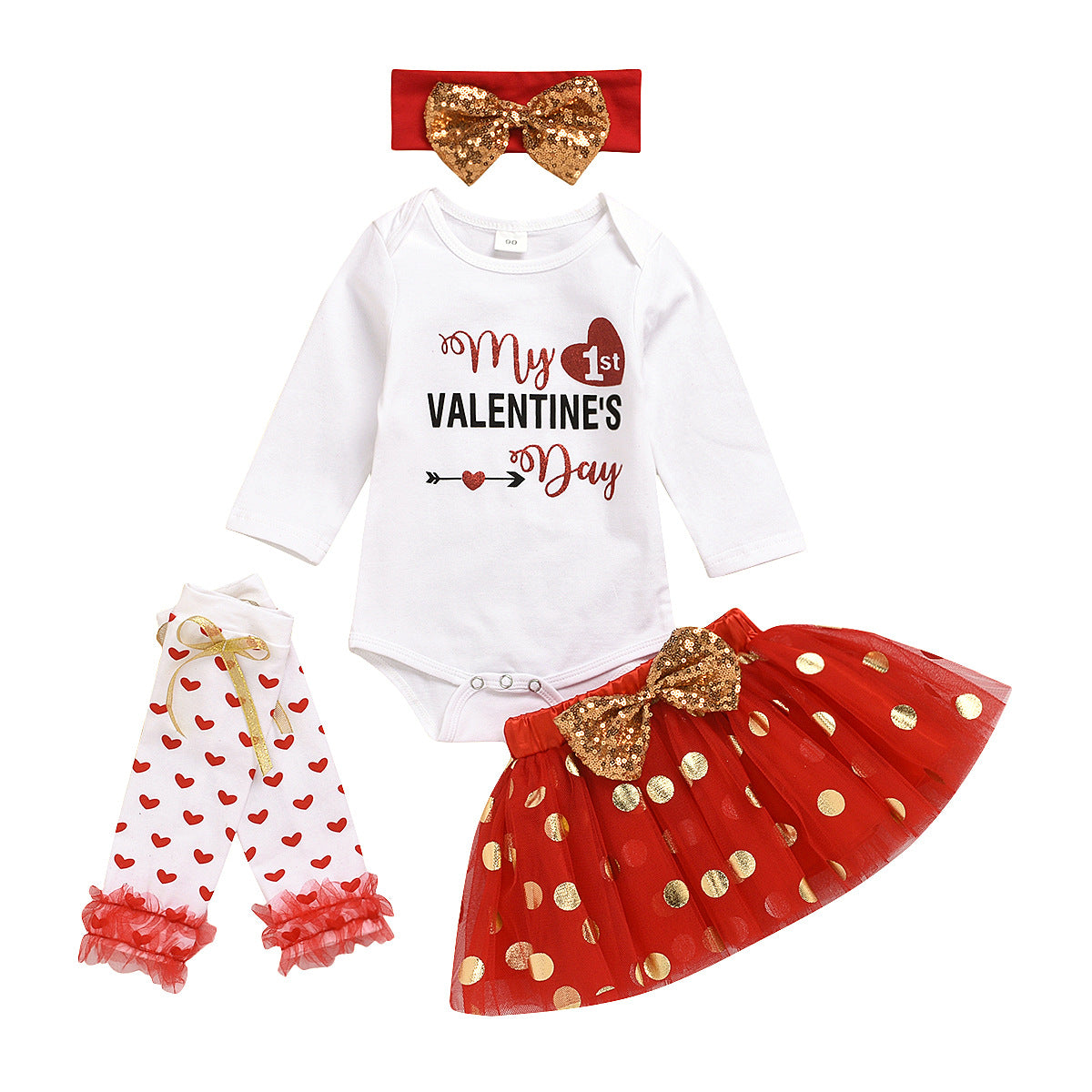 Baby Girl Valentine's Day Party Dress Black Long Sleeve 4 Pcs Sets