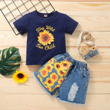 Kid Baby Girl Printed Short Sleeve Sunflower Jeans 2 Pcs Sets