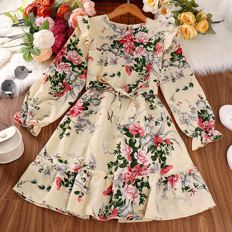 Kid Girl  Korean Long Sleeves Retro Autumn Flower Dresses