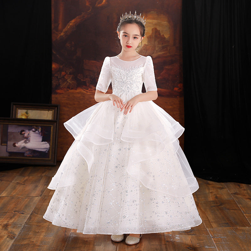 Kid Girl Flower Little Host Piano Performance Long Sleeve Dress