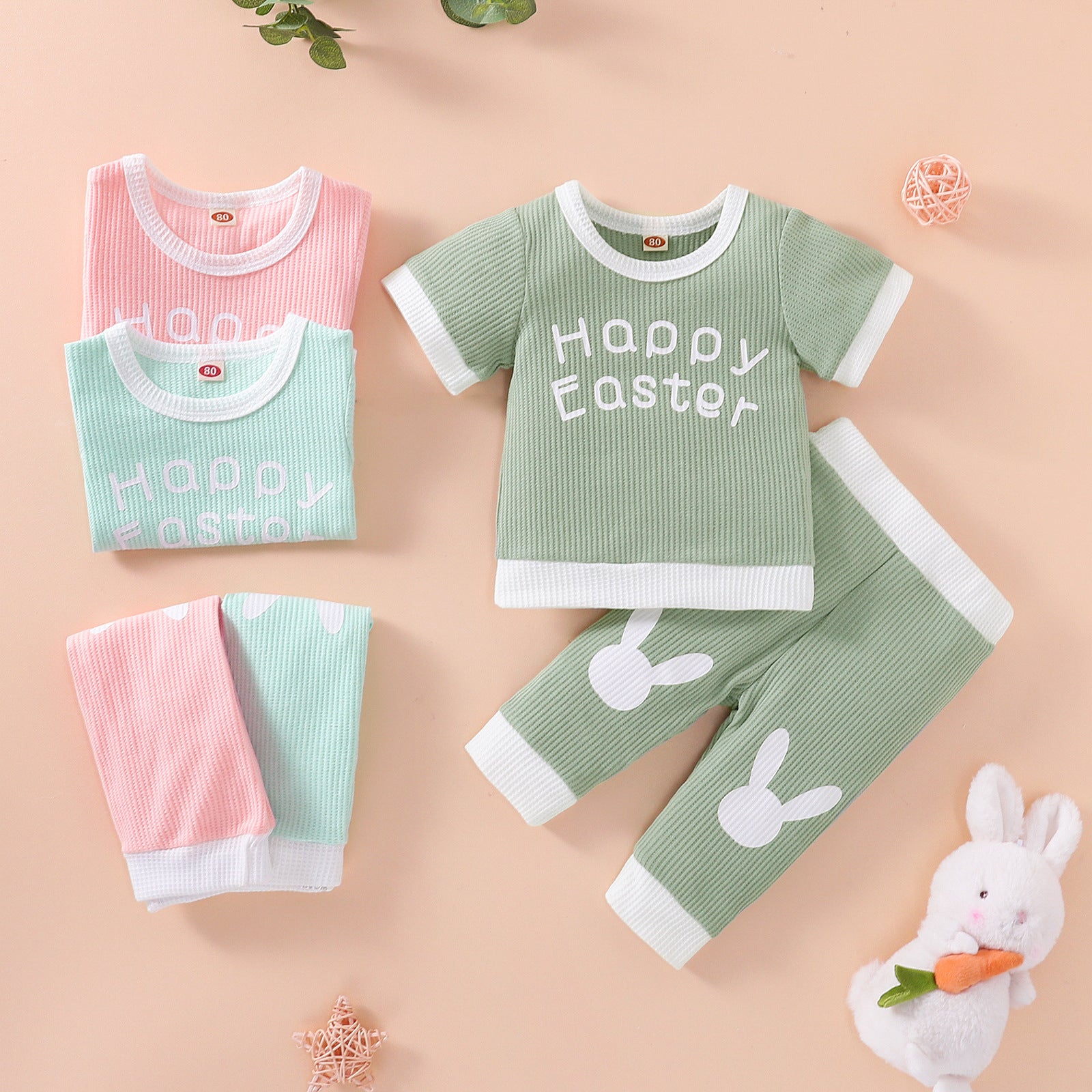 Easter Baby Suit Grid Offset Short Sleeve Rabbit 2 Pcs Sets