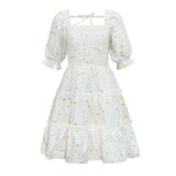 Family Matching Mother Daughter Floral Digital Print Pleated Square Dresses