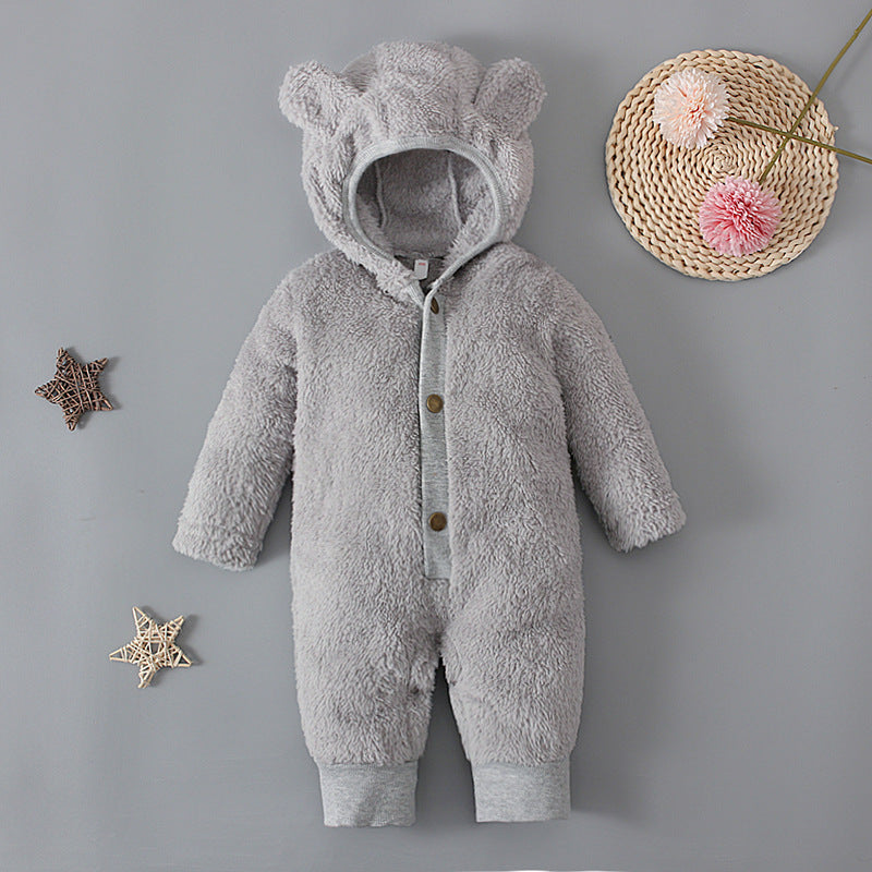 Boys Girls Boy Onesie Spring Winter Solid Color Hooded Fluffy Bear Rompers