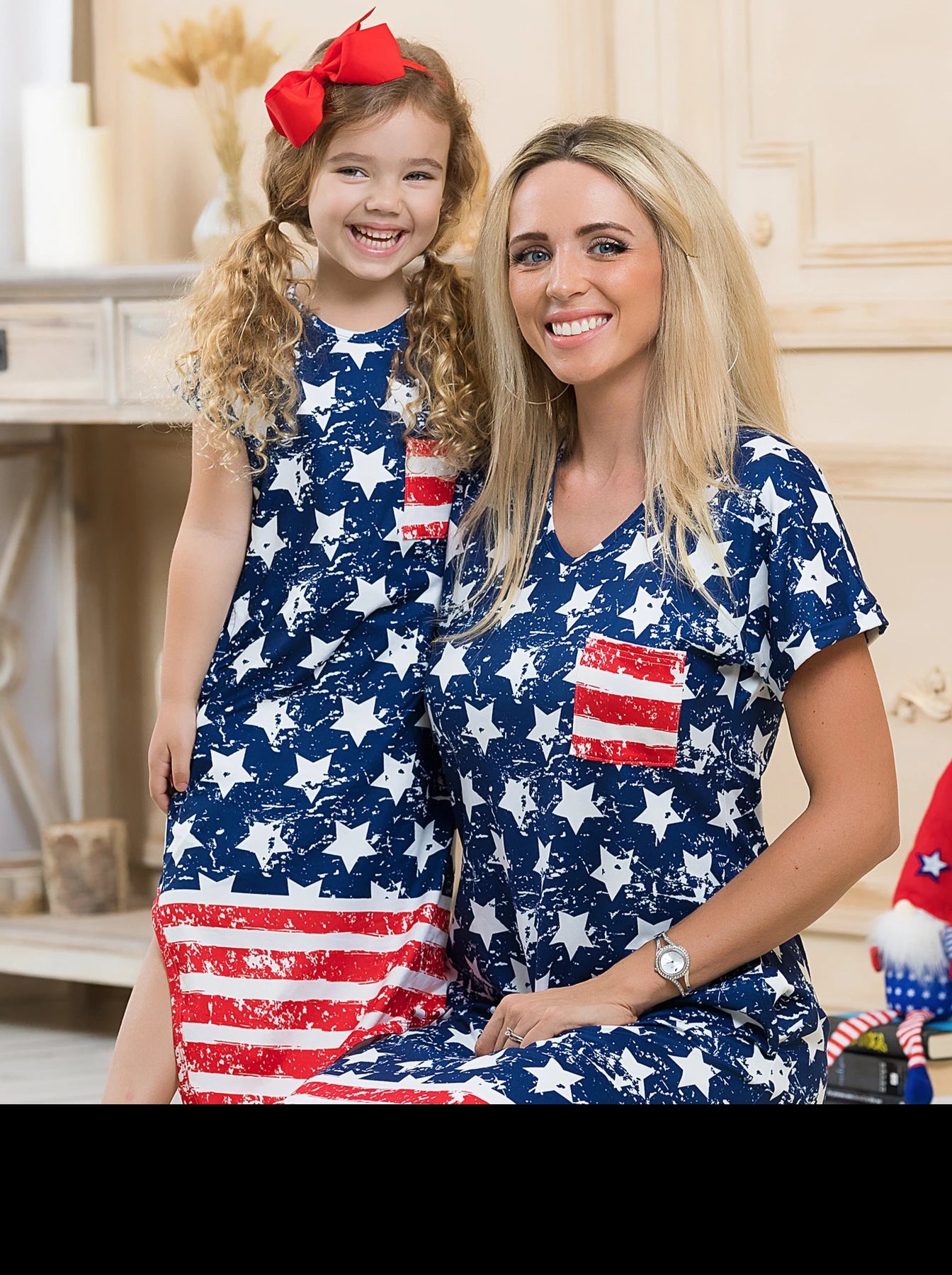 Family Matching Parent-child Mother Daughter Short Sleeve Flag Independence Dress