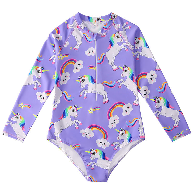 Kid Girls Swimsuit One-piece Long-sleeved Unicorn Cartoon Swimwear