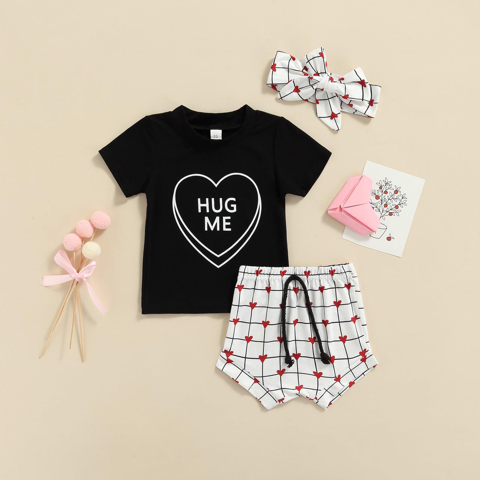 Baby Girl Valentine's Day Love Printed Short Sleeve 3 Pcs