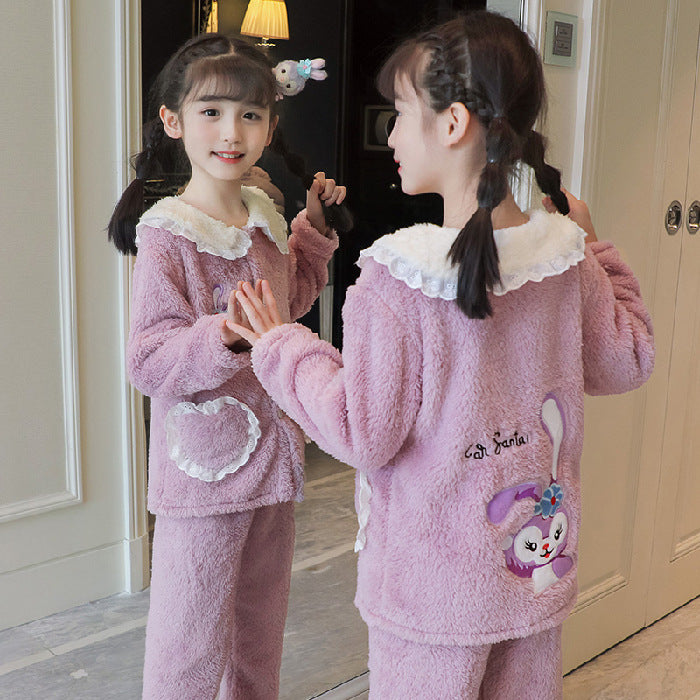 Kid Girl Pajamas Lapel Plush Autumn Winter Thickened Coral Fleece Cartoon Pajamas