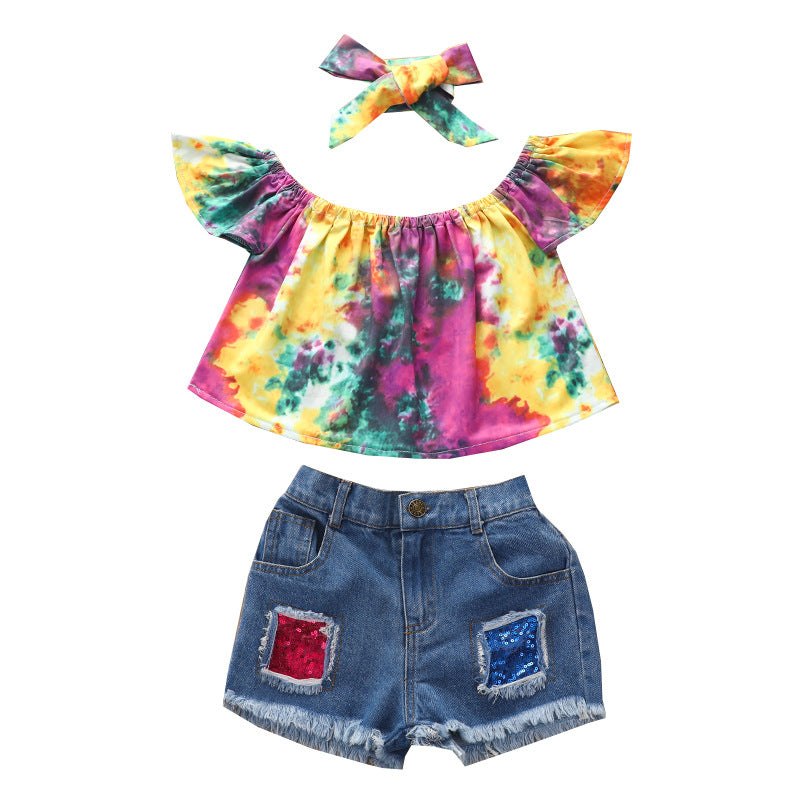 Summer Kid Baby Girls Suit Tie-dyed Denim Shorts 3pcs Sets