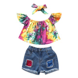 Summer Kid Baby Girls Suit Tie-dyed Denim Shorts 3pcs Sets