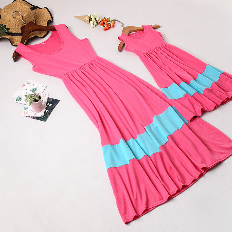 Family Matching Solid Color Patchwork Mother-daughter Vest Dresses