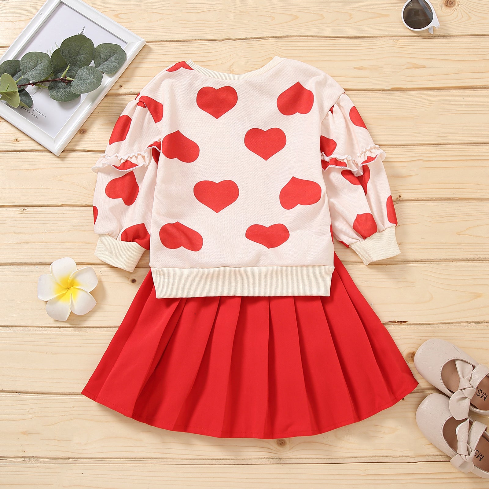 Girl Valentine's Day Autumn Dress Heart Printed Long Sleeves Pleated Sets 2 Pcs