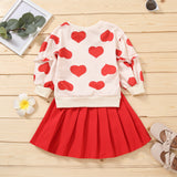 Girl Valentine's Day Autumn Dress Heart Printed Long Sleeves Pleated Sets 2 Pcs