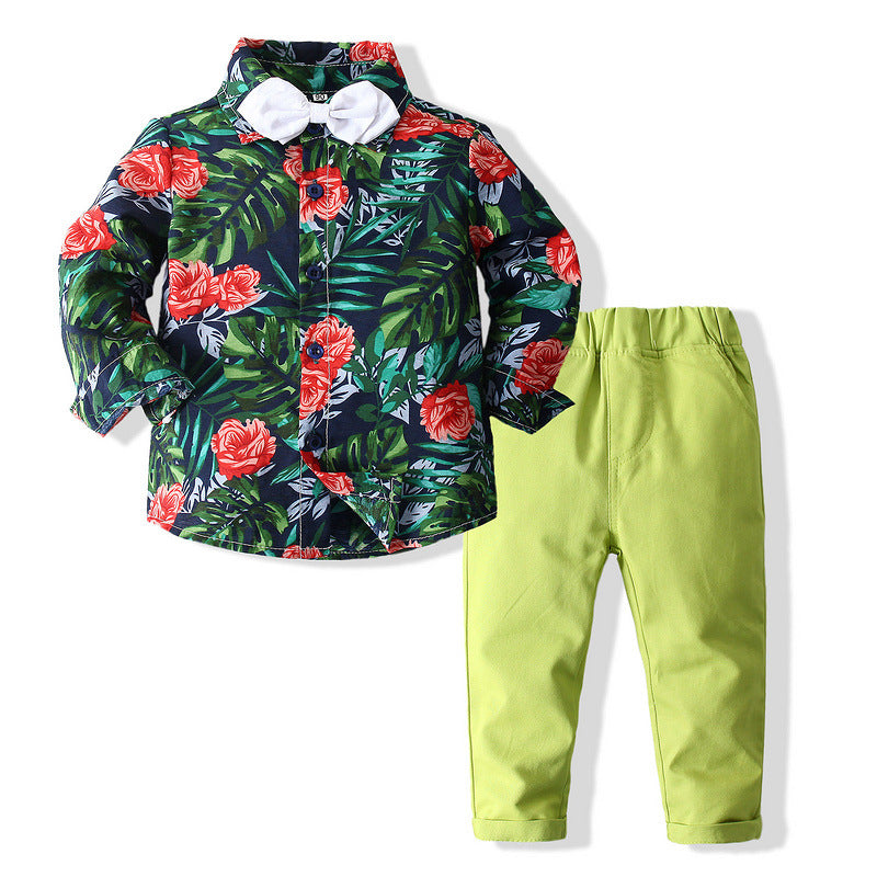 Kid Baby Boy Set Printed Long Sleeve Green 2 Pcs Suits