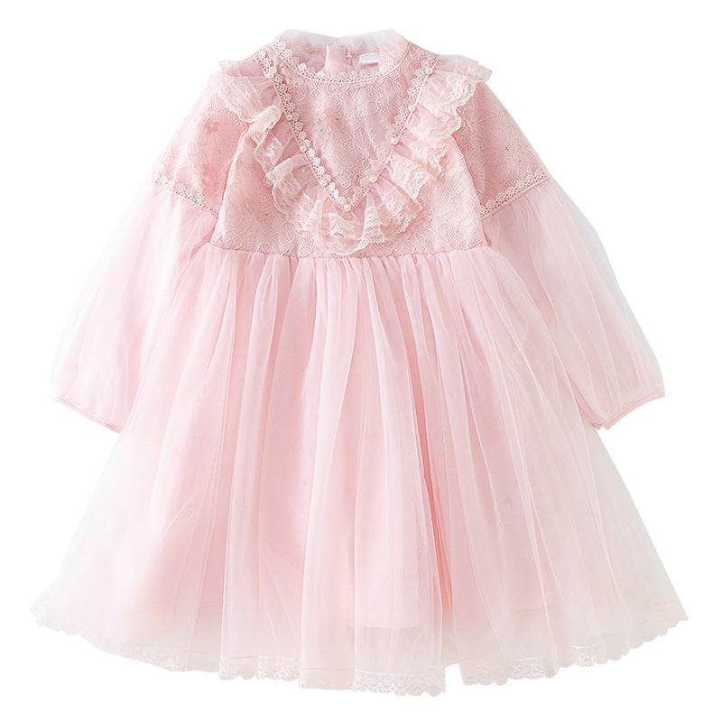Kid Baby Girl Pearl Lace Gauze Princess Long Sleeve Dresses