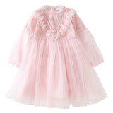 Kid Baby Girl Pearl Lace Gauze Princess Long Sleeve Dresses