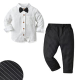 Kid Baby Boy Suit Long-sleeved White Striped Gentleman Formal 2 Pcs Sets