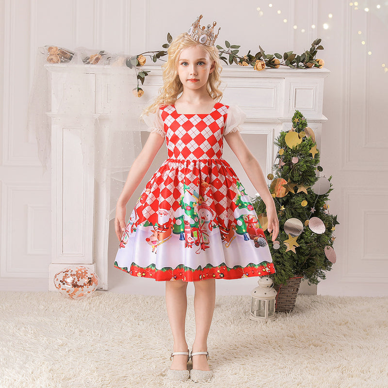 Kid Baby Girl Santa Claus Snow Forge Printed Cotton Christmas Dresses