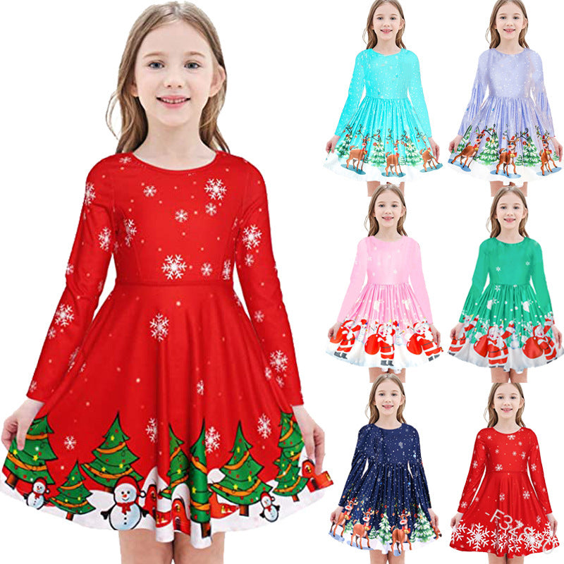 Kid Girl Long Sleeve Round Neck Christmas Print Cute Dress
