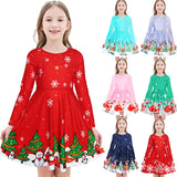 Kid Girl Long Sleeve Round Neck Christmas Print Cute Dress