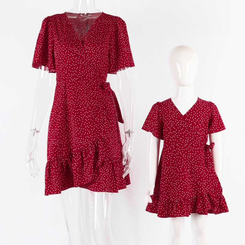 Family Matching Mother Daughte  Wave Point Wooden Loose Casual Dresses