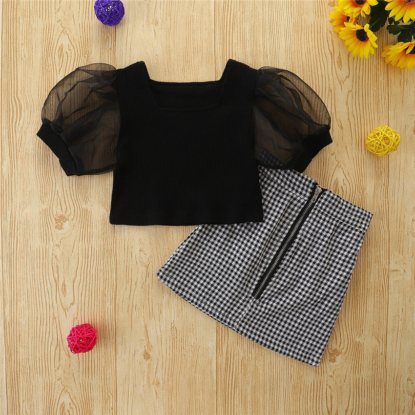 Toddler Kids Baby Girls Summer Sets Black Short Sleeve Square 2 Pcs Sets