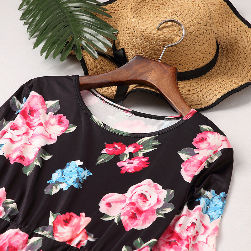 Family Maatching Long-sleeved Floral Print Long  Dress