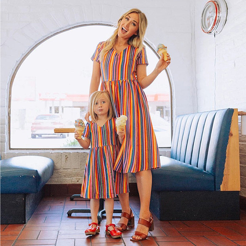 Family Matching Parent-child Rainbow Stripe Print V Collar Dress
