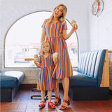 Family Matching Parent-child Rainbow Stripe Print V Collar Dress