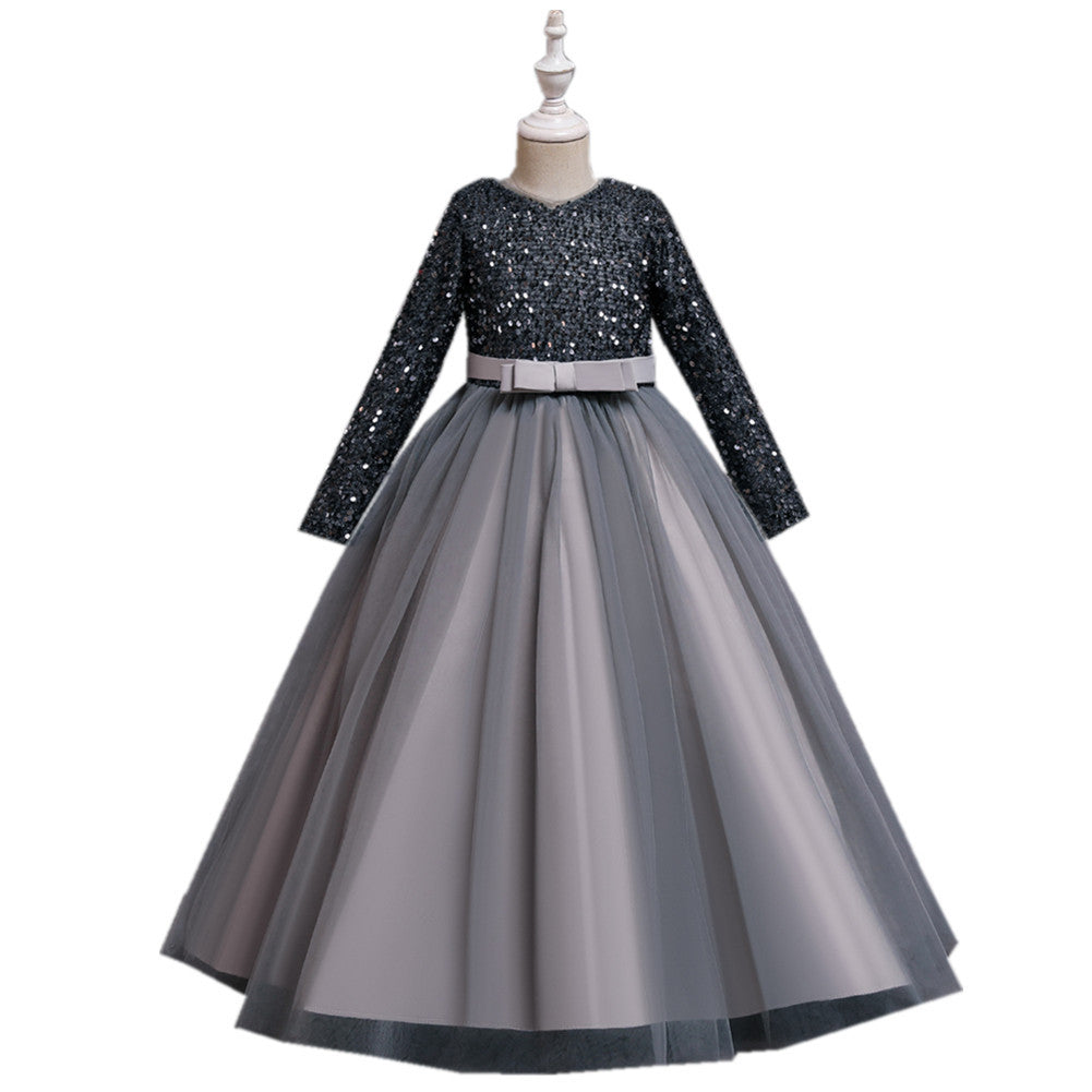 Kid Girl Sequins Birthday Evening Princess Piano Long Sleeves Dresses