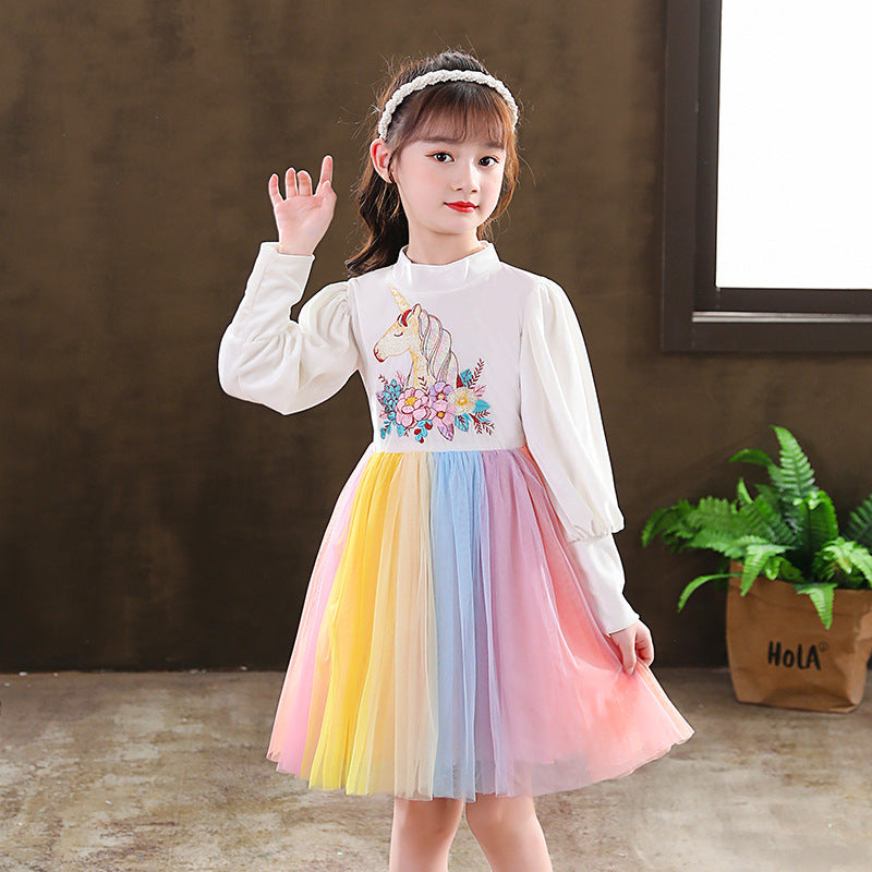 Kid Girl Long Sleeve Rainbow Princess Dress