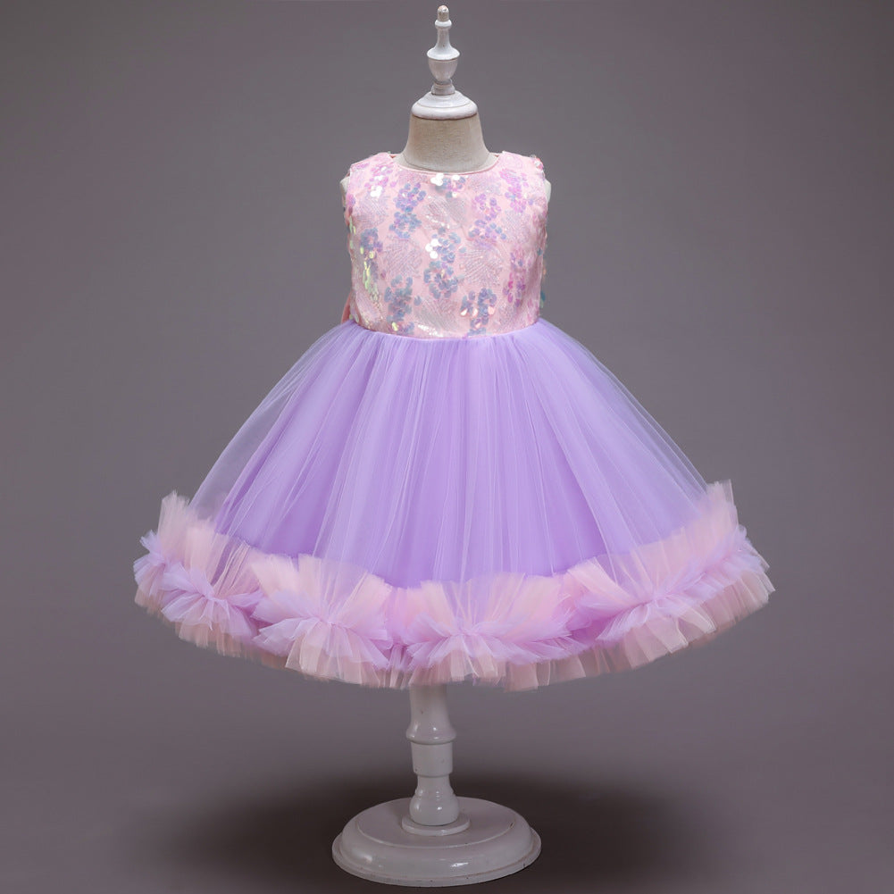 Kid Baby Girls Big Sequins Gauze Bow Tie Princess Pompous Dresses