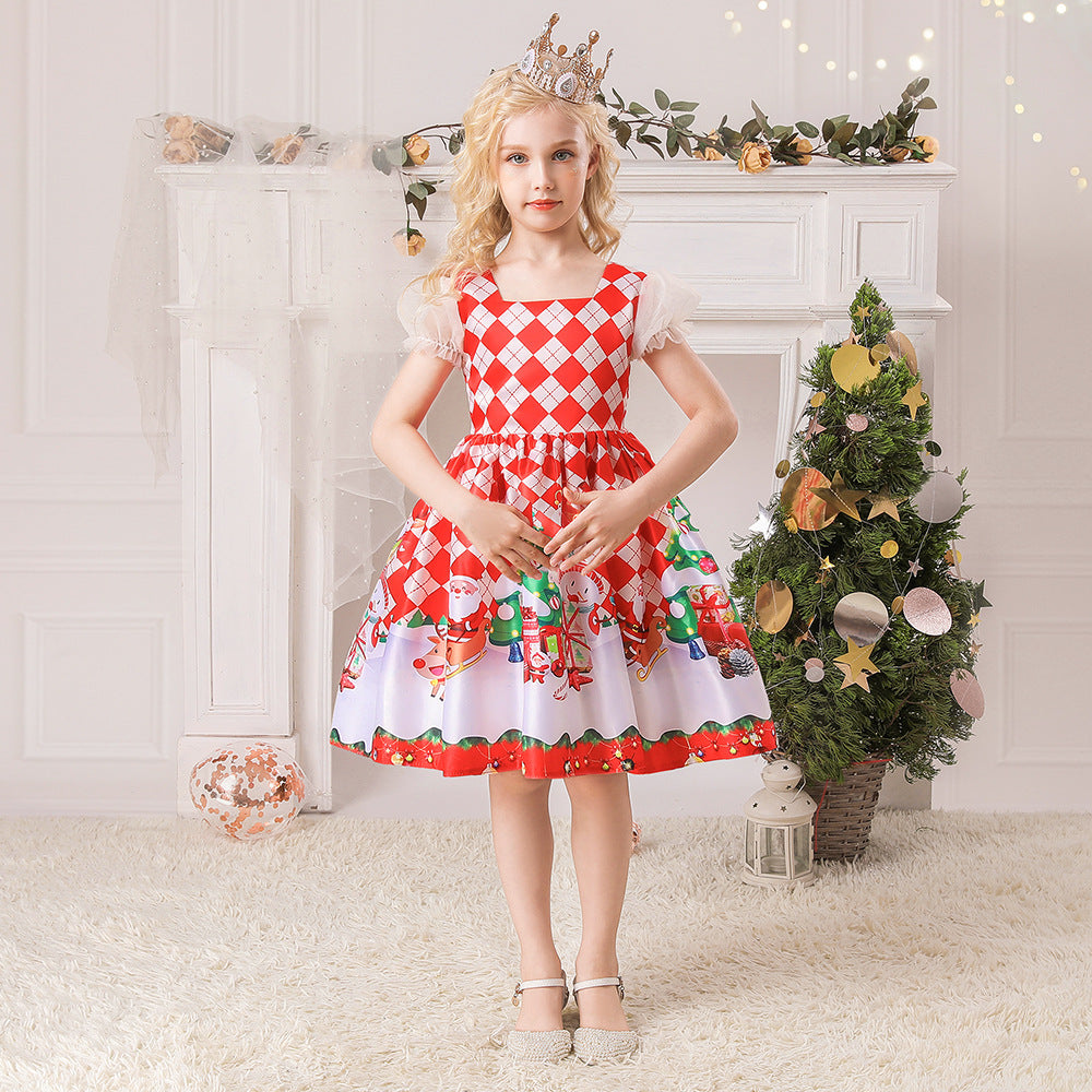 Christmas Kids Girl Cartoon Print Satin Dress