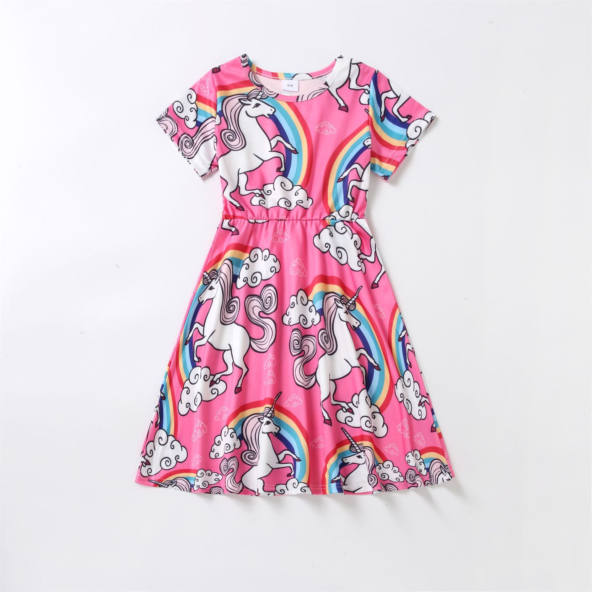 Family Matchinf Parent-child Round Collar Short Sleeve Rainbow Pony Dresses