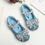 Girl's Small Leather Shoes with Crystal Bow and Sequined Children's Shoes
