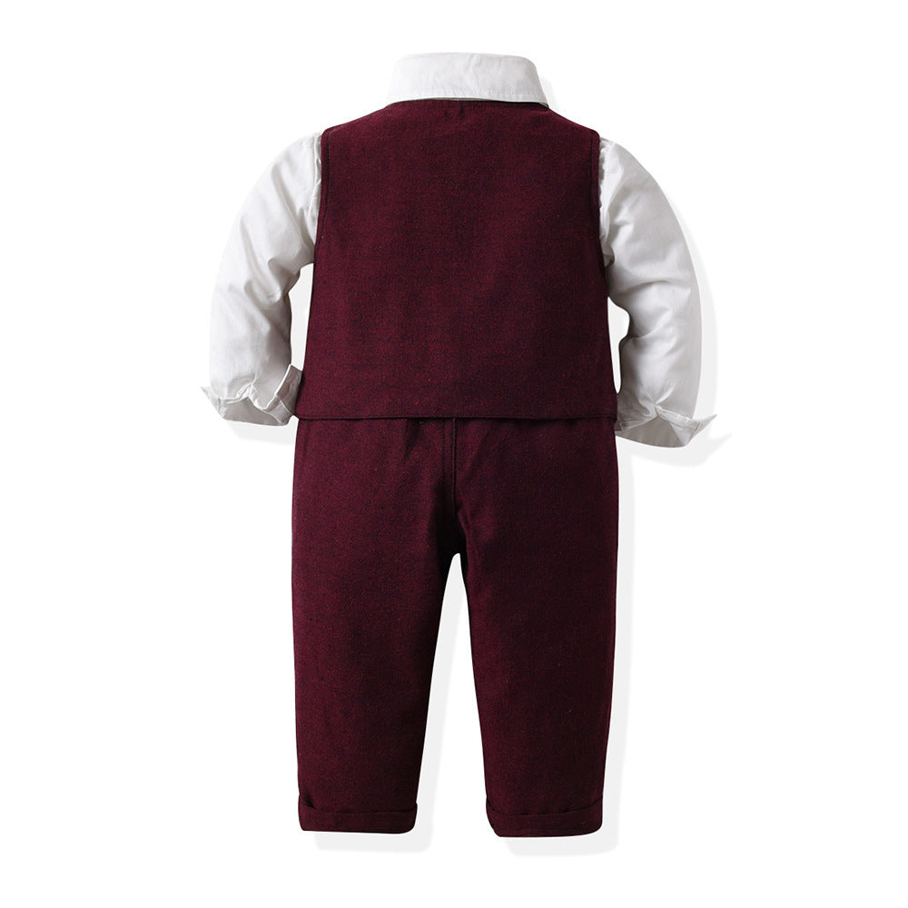 Kid Baby Boy Suit Formal Handsome Wine Red 3 Pcs Sets
