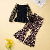 Kids Baby Girls Dot Long Lantern Sleeve Pleated Leopard Set 2 Pcs
