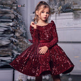 Kid Girl Wine Red Princess Sequins Bowknot Long Sleeve Birthday Dress