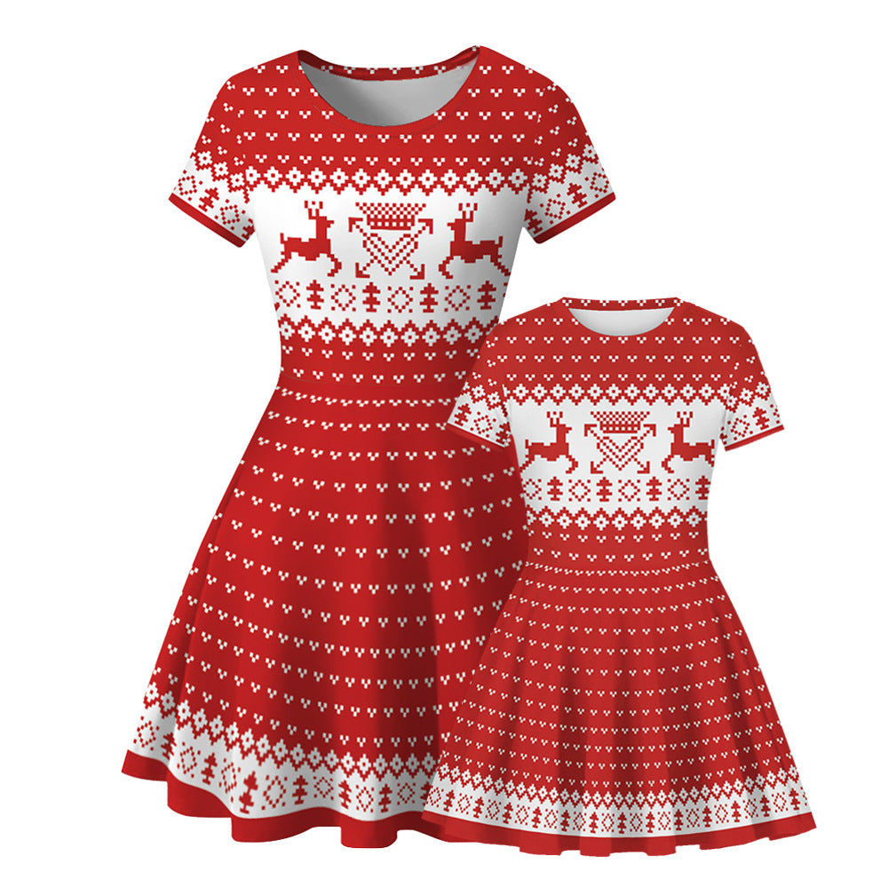 Family Matching Christmas Elk Digital Printing Parent-child Short Sleeve Dress