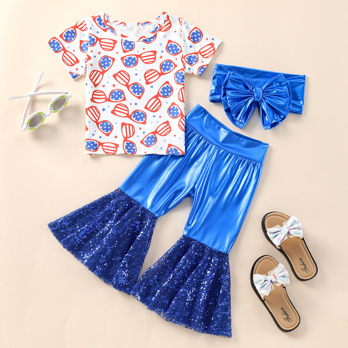 Kid Baby Girls Glasses Printed Featured Bell-bottom 2 Pcs Sets