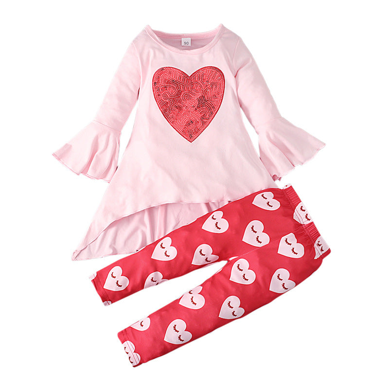 Toddler Baby Girls Valentine's Day Love Pink Trumpet Sleeve 2 Pcs Sets