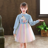 Autumn Winter Long Sleeve Kid Baby Girls Unicorn Rainbow Mesh Dress