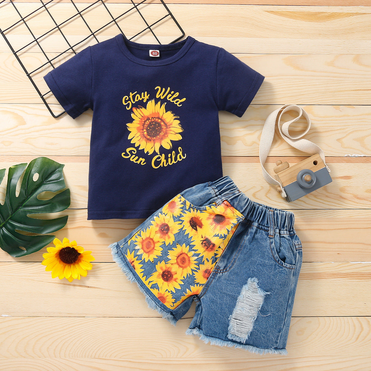 Kid Baby Girl Printed Short Sleeve Sunflower Jeans 2 Pcs Sets