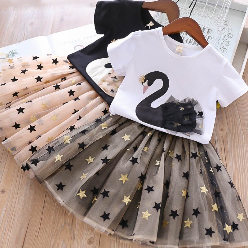 Kid Girl Korean Cotton Cartoon Swan Style Summer Suit 2 Pcs Set