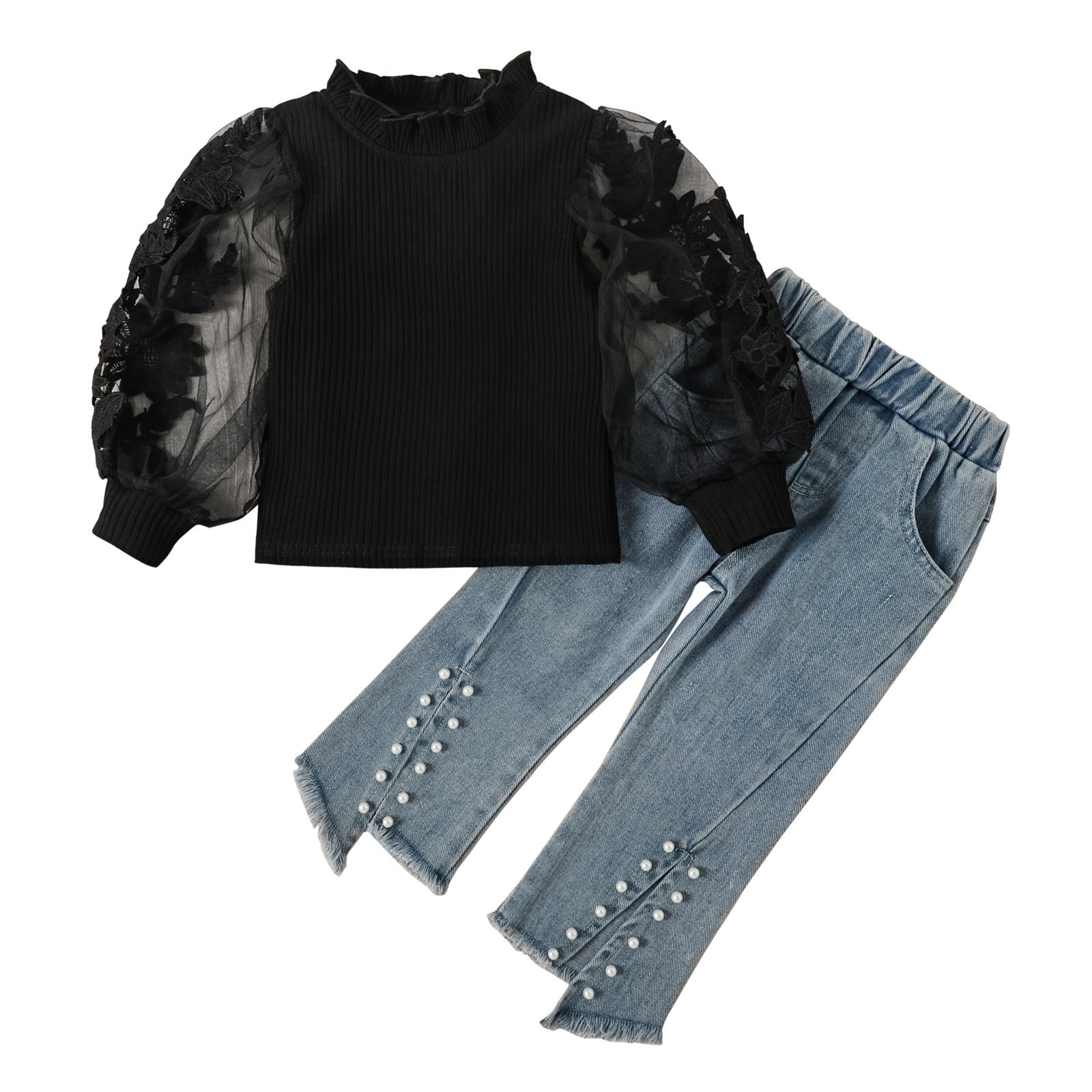 Kid Baby Boy Embroidered Mesh Bubble Sleeve Pearl Hem Jeans 2 Pcs Sets