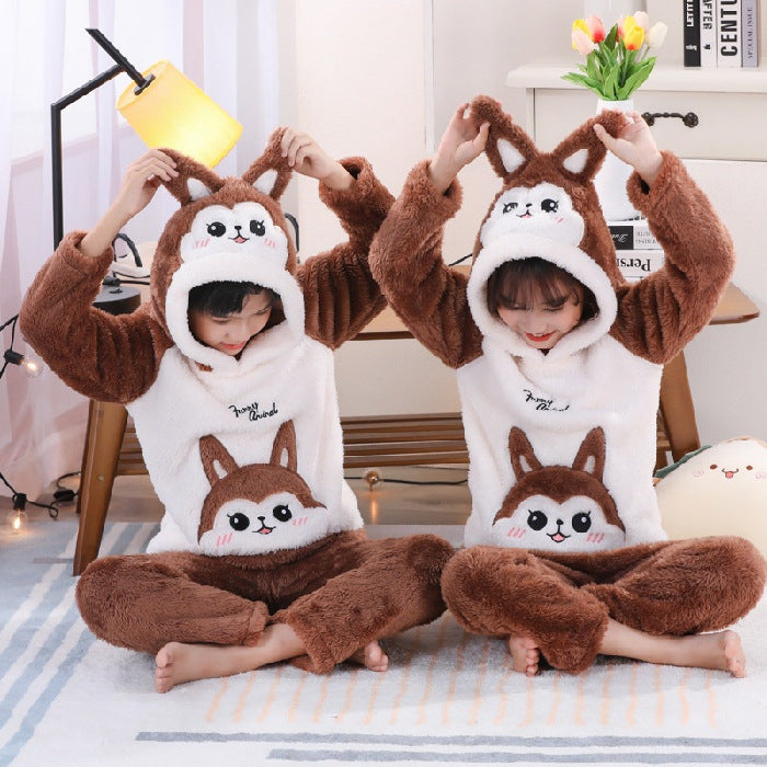 Kid Baby Boy Girl Plush Pajamas Cartoon Hooded Thickened Coral Pajamas
