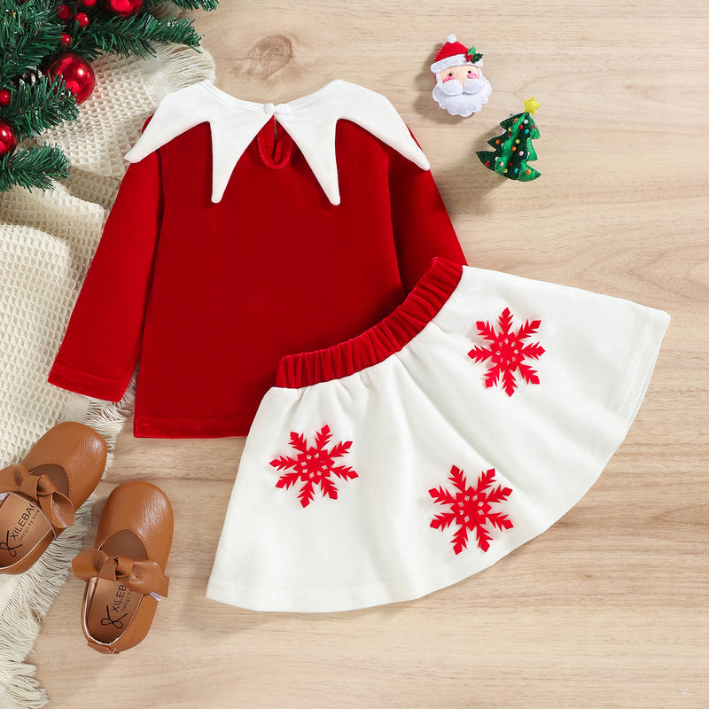 Kid Baby Girl Christmas Sweet Fall Winter Velvet Long-sleeved Snowflake 2 Pcs Sets